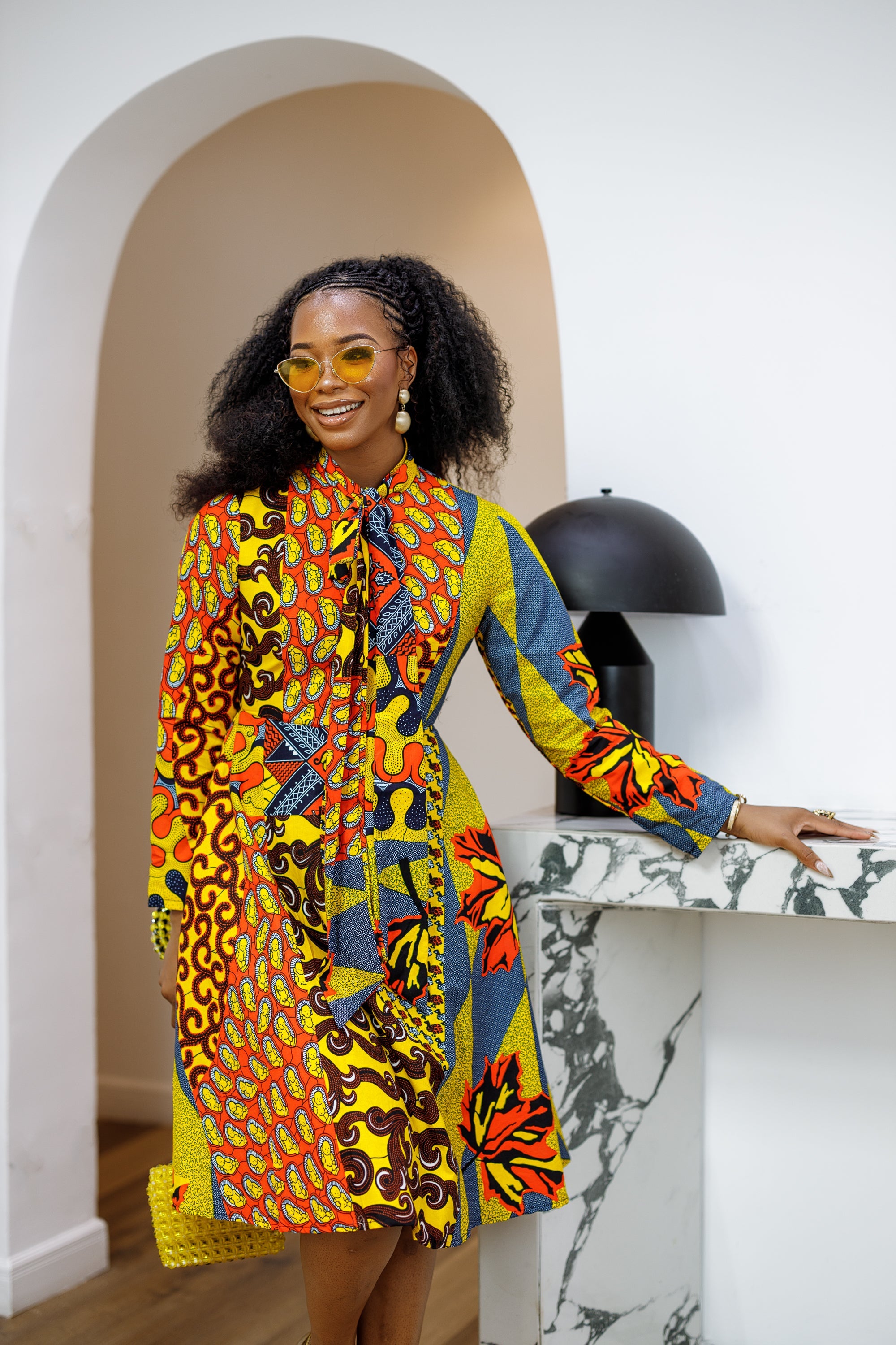 GILDA AFRICAN PRINT TIE-NECK MIDI DRESS [PATCHWORK]----FINAL SALE