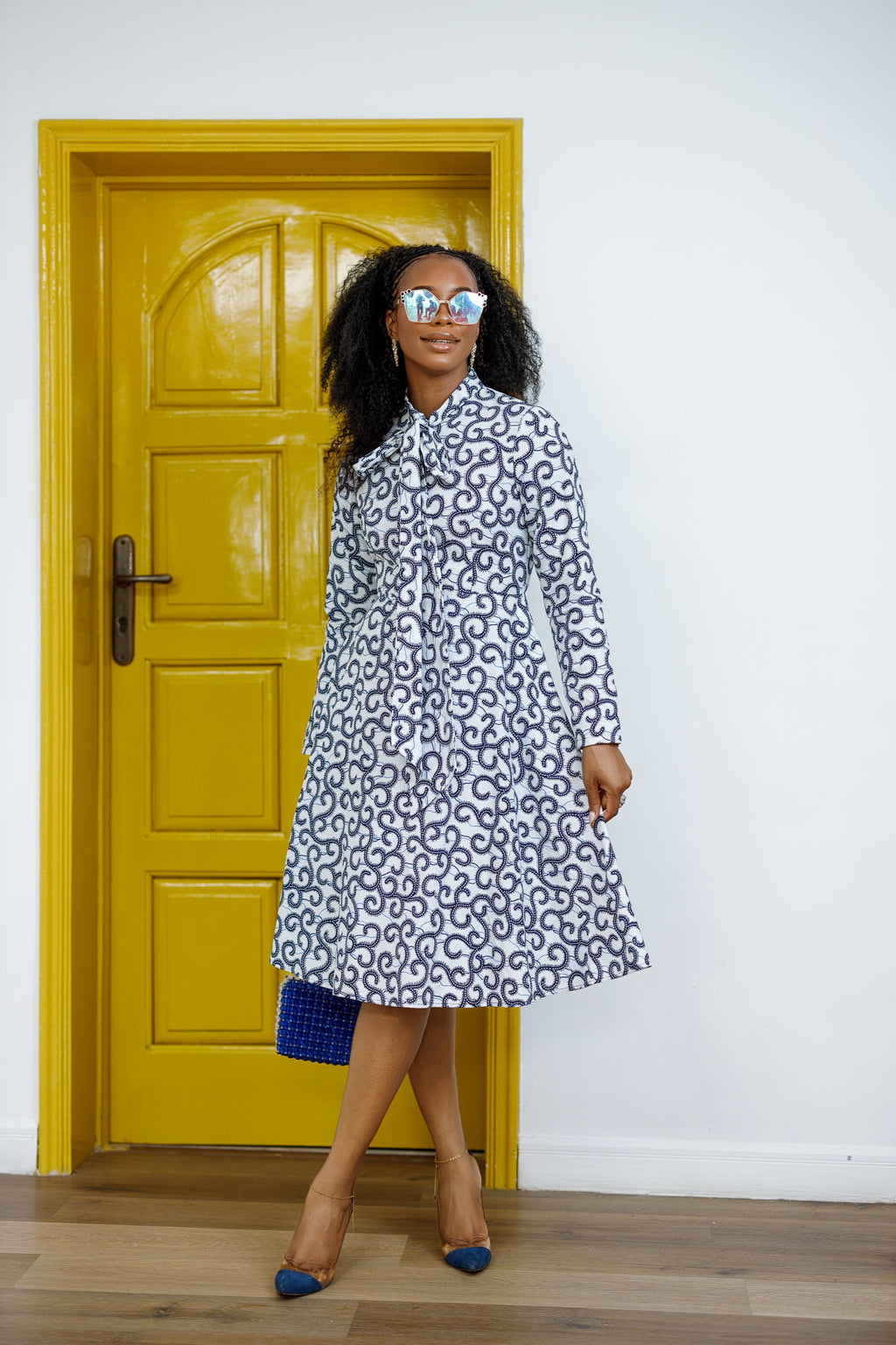 GILDA AFRICAN PRINT TIE-NECK MIDI DRESS----FINAL SALE