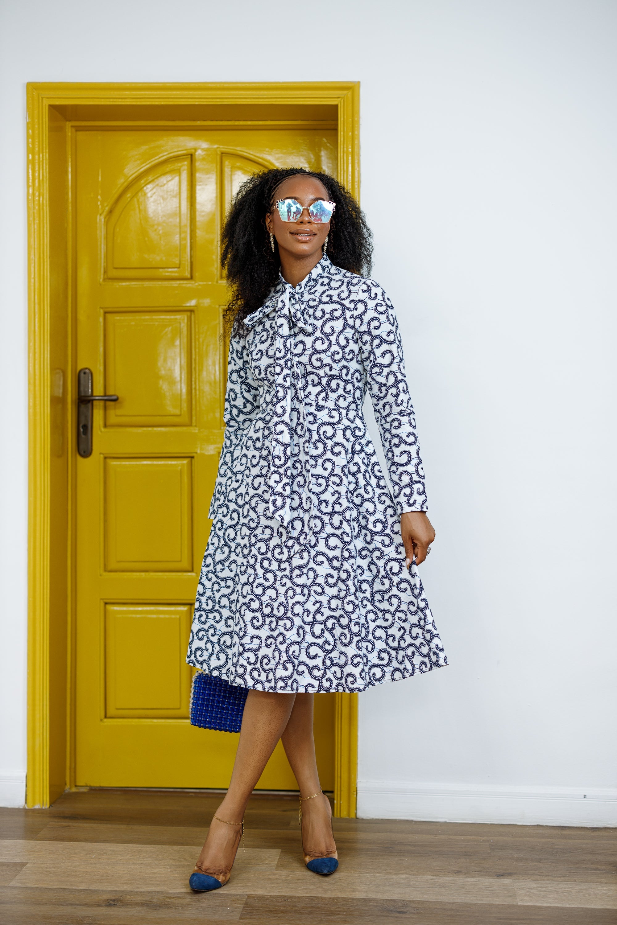 GILDA AFRICAN PRINT TIE-NECK MIDI DRESS----FINAL SALE