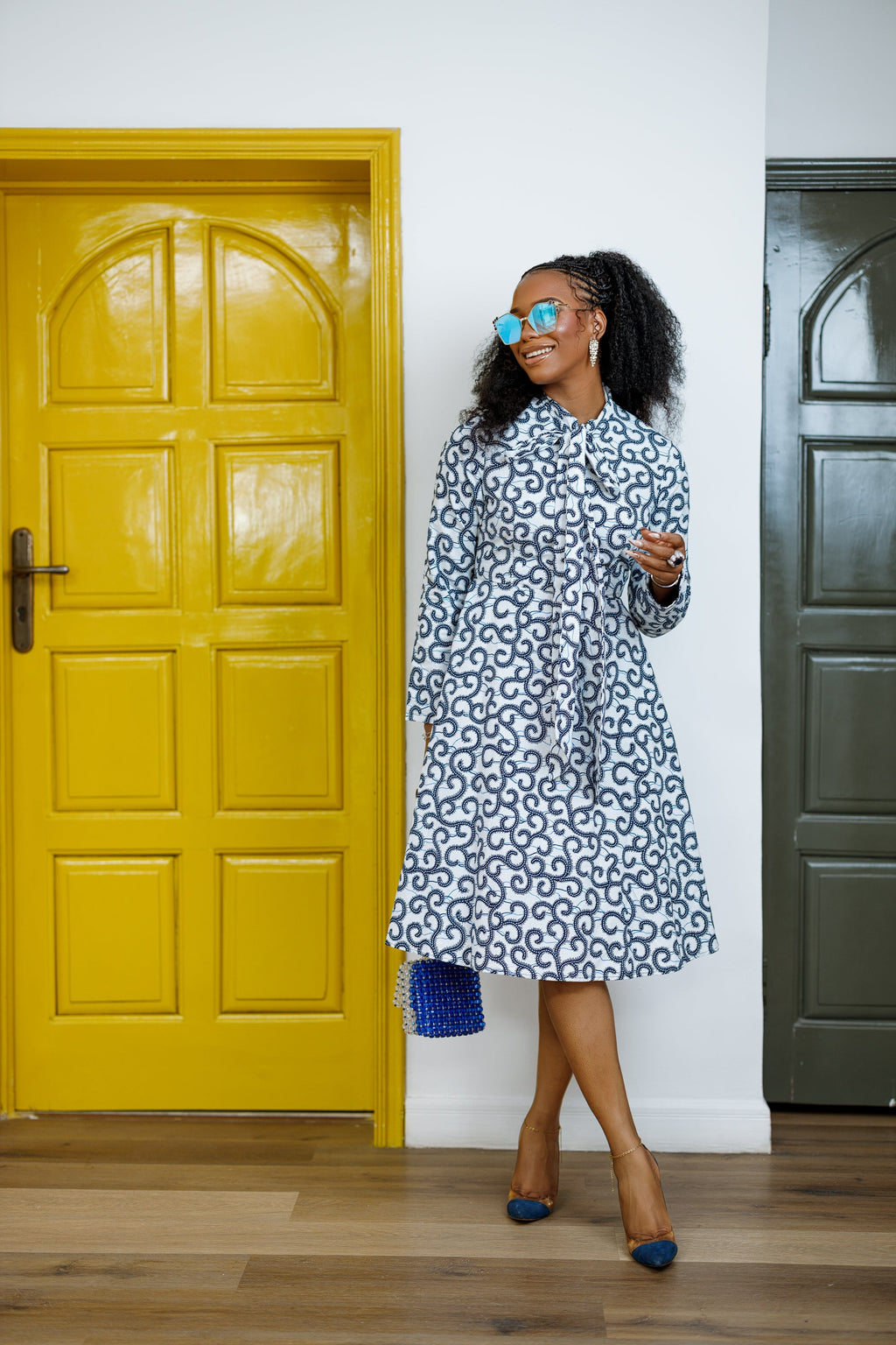 GILDA AFRICAN PRINT TIE-NECK MIDI DRESS----FINAL SALE