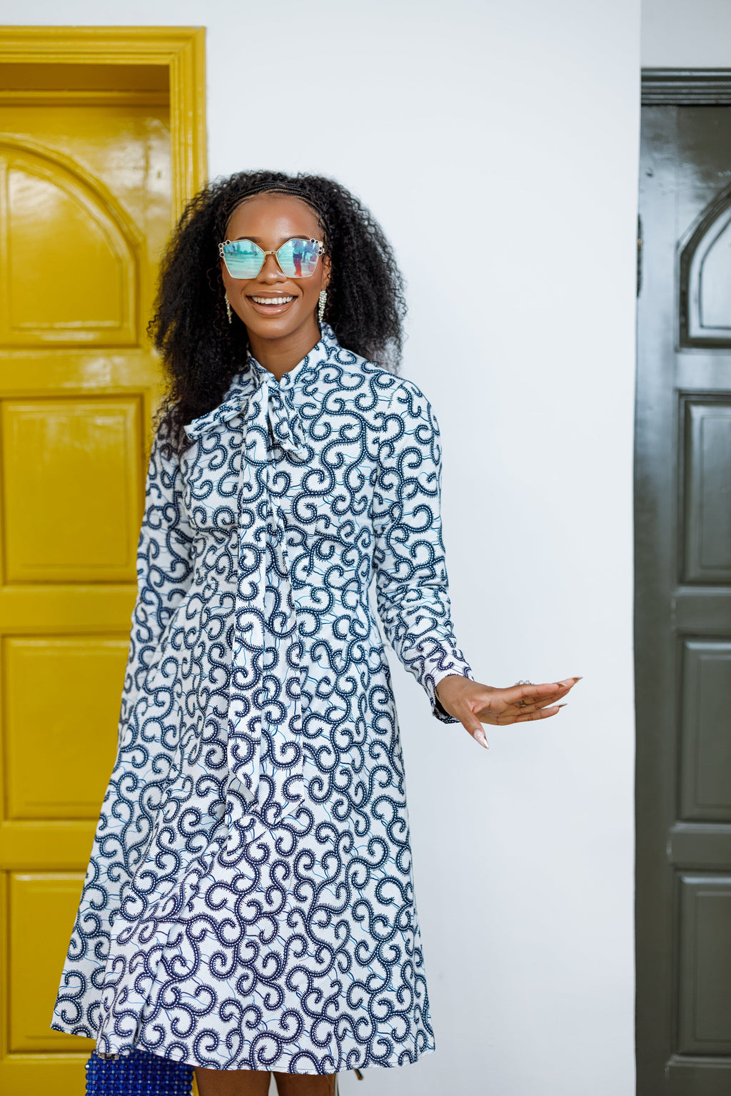 GILDA AFRICAN PRINT TIE-NECK MIDI DRESS----FINAL SALE