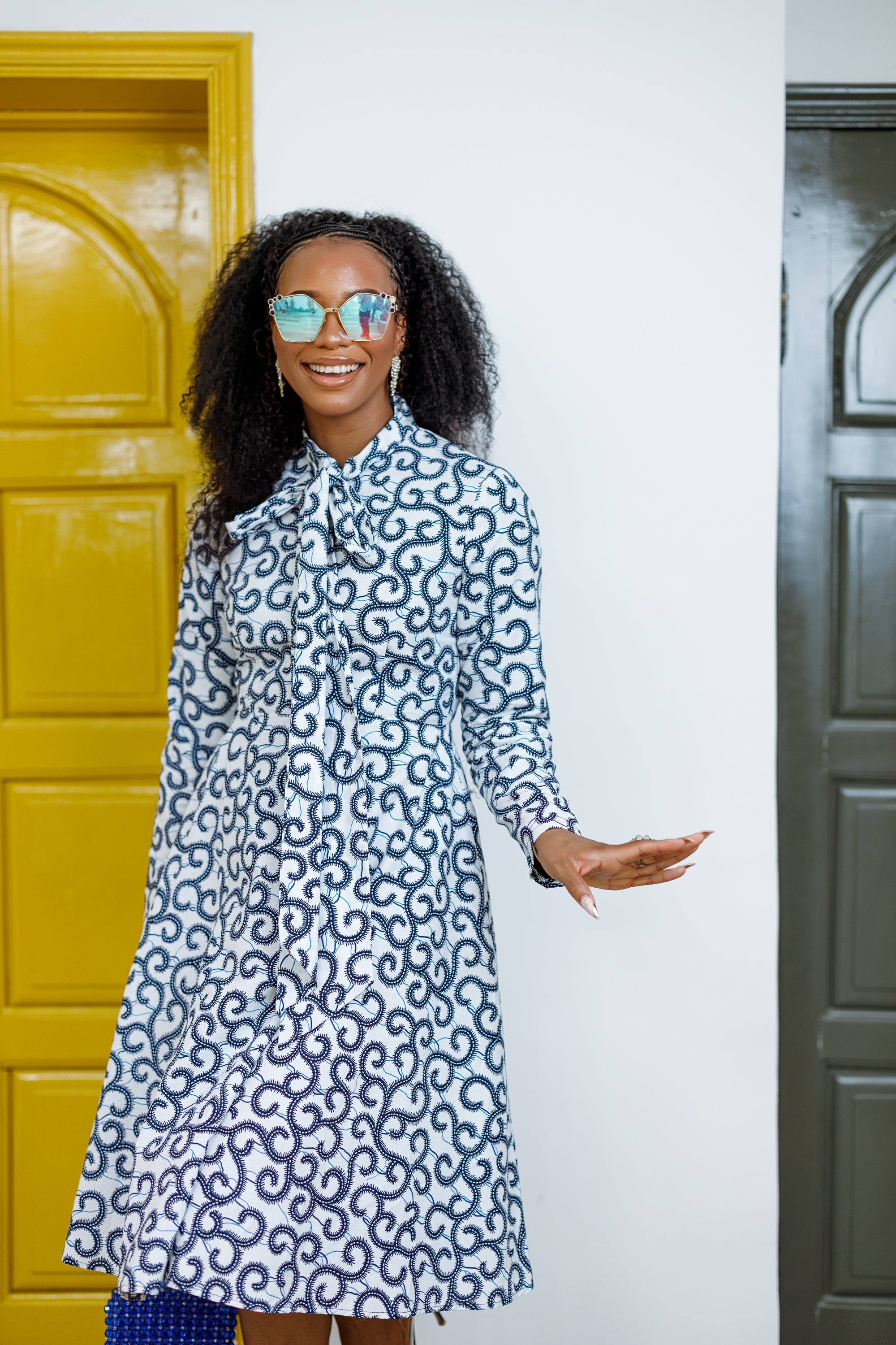 GILDA AFRICAN PRINT TIE-NECK MIDI DRESS----FINAL SALE