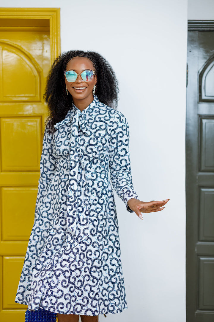 GILDA AFRICAN PRINT TIE-NECK MIDI DRESS----FINAL SALE