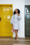 ZORA AFRICAN PRINT PUFF SLEEVE MIDI DRESS [WHITE]----FINAL SALE