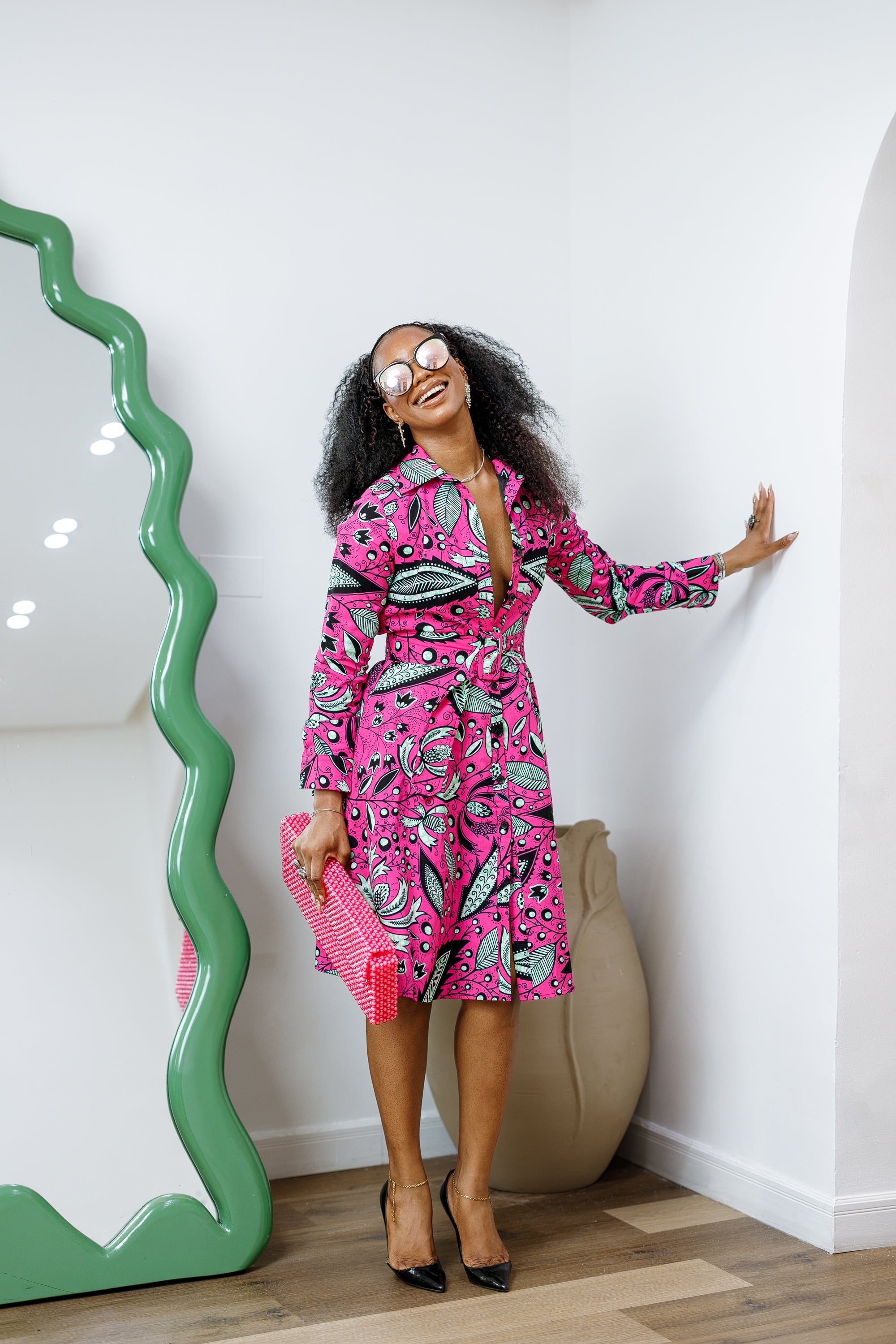 ELIZABETH AFRICAN PRINT BUTTON DOWN DRESS [PINK]----FINAL SALE