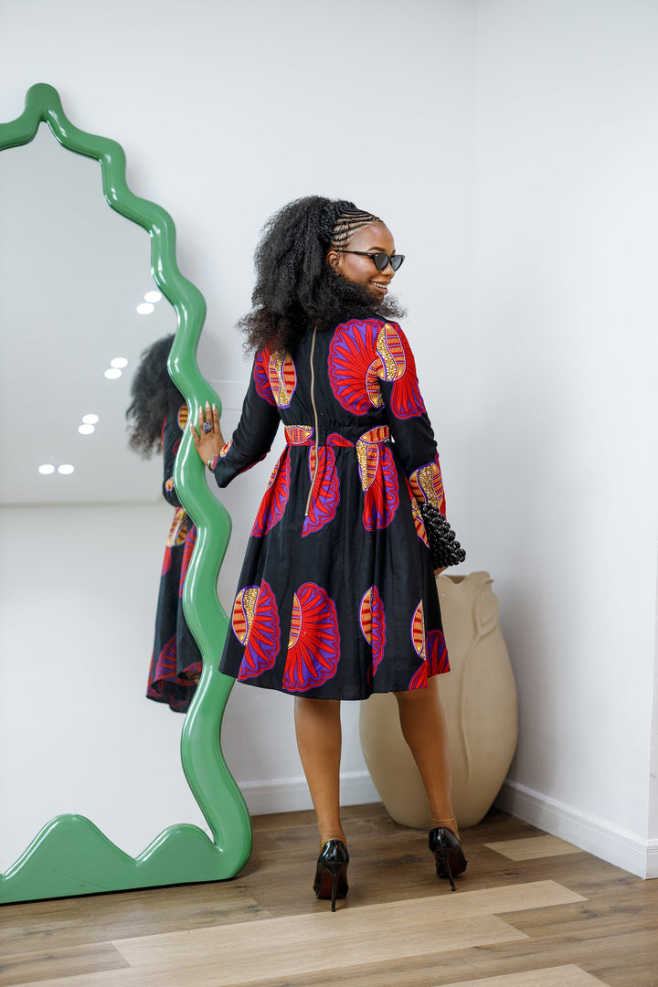 HIJA AFRICAN PRINT LONG SLEEVE MIDI DRESS----FINAL SALE