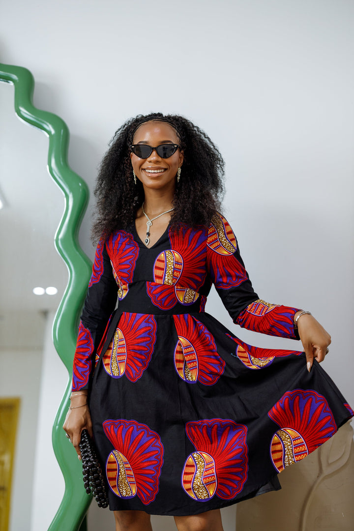 HIJA AFRICAN PRINT LONG SLEEVE MIDI DRESS----FINAL SALE