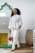 BIBI AFRICAN PRINT TIE NECK PEPLUM TOP [WHITE]