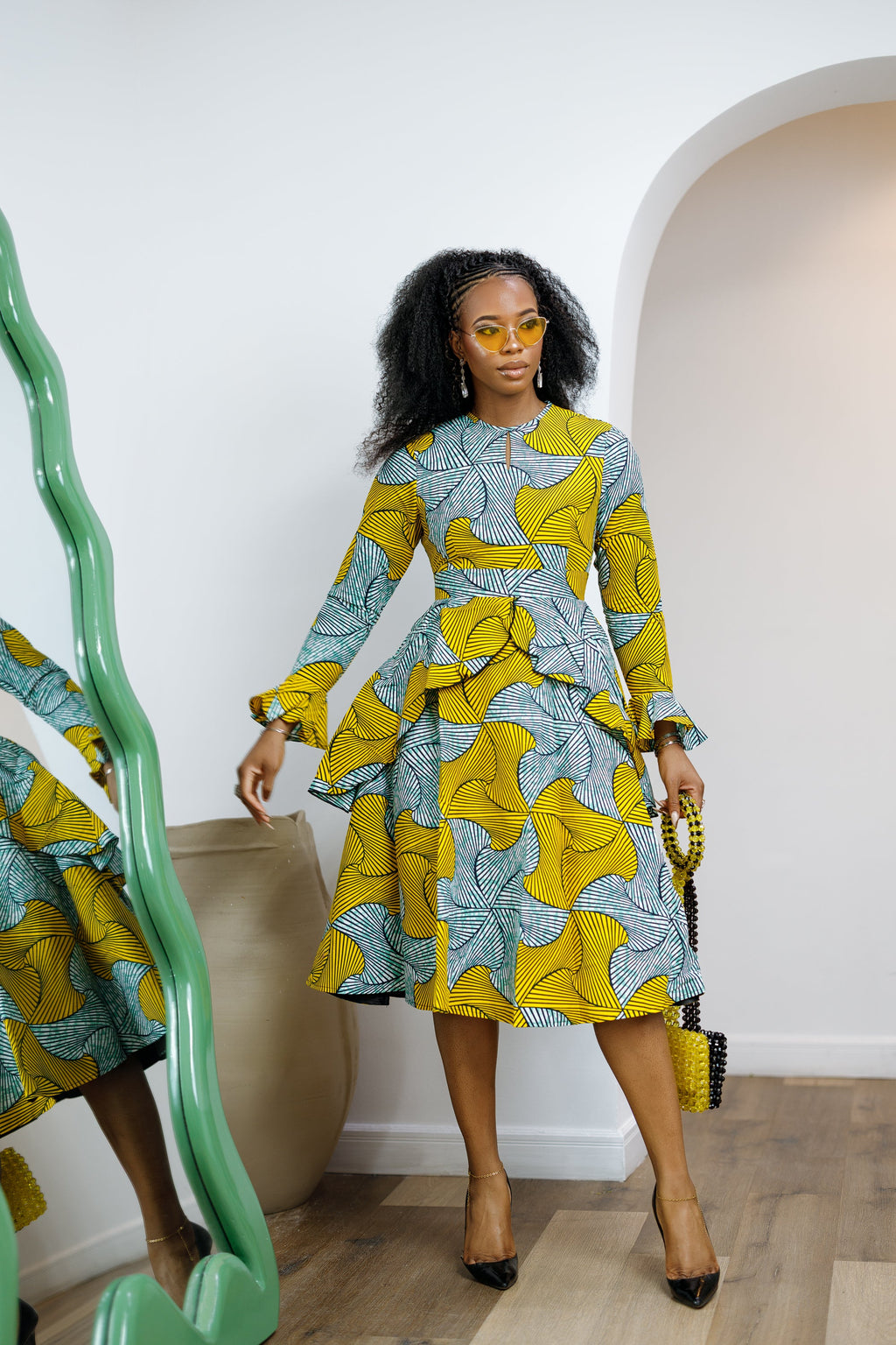 KOFI AFRICAN PRINT LAYERED FLARE MIDI DRESS [TEAL GREEN]----FINAL SALE