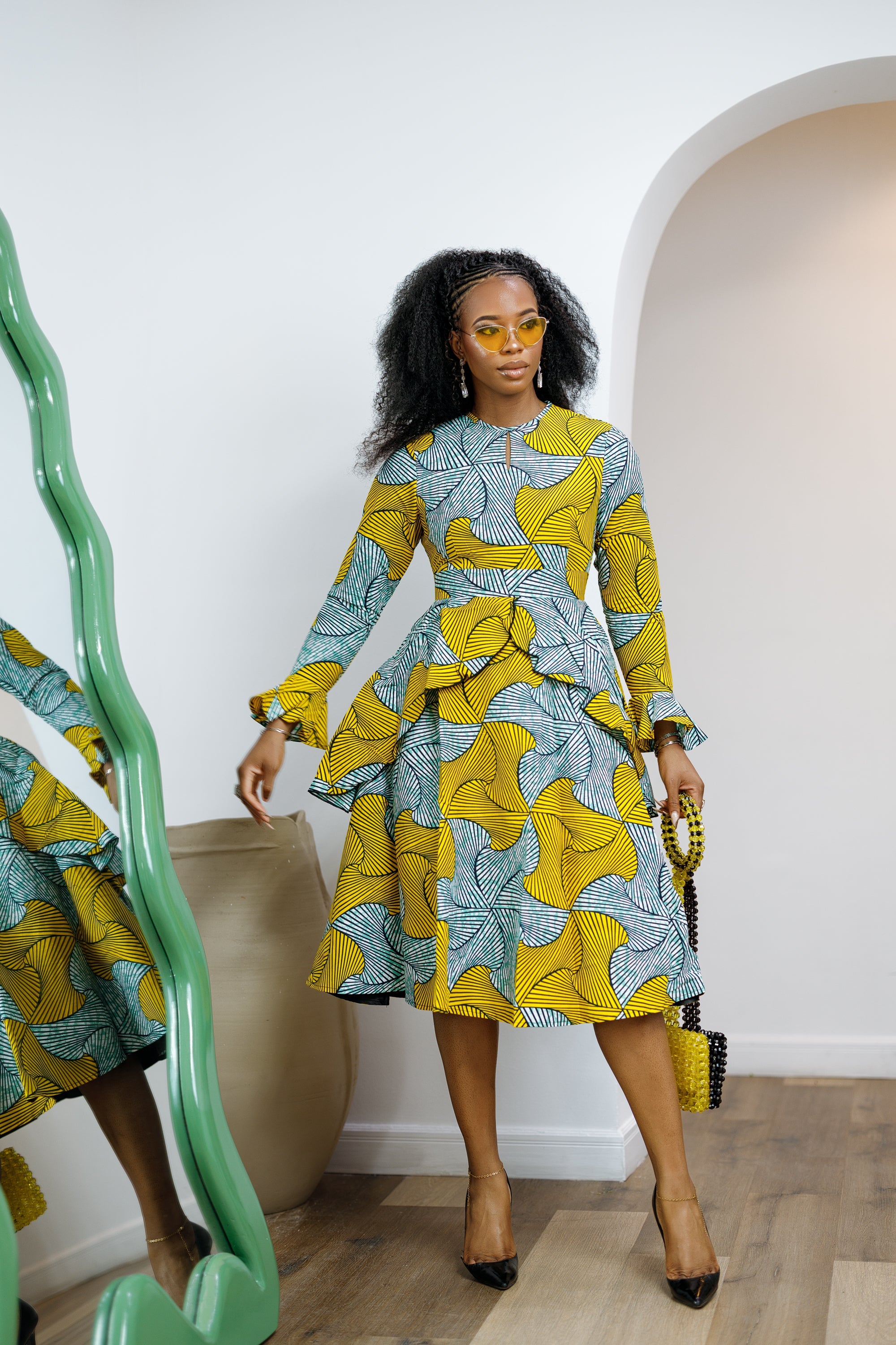 KOFI AFRICAN PRINT LAYERED FLARE MIDI DRESS [TEAL GREEN]----FINAL SALE