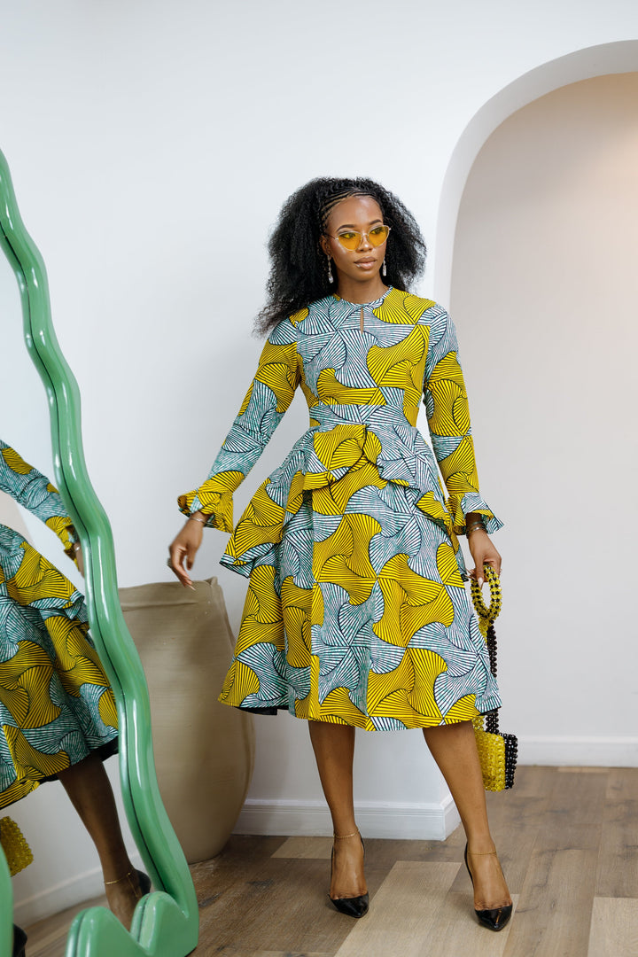 KOFI AFRICAN PRINT LAYERED FLARE MIDI DRESS [TEAL GREEN]----FINAL SALE