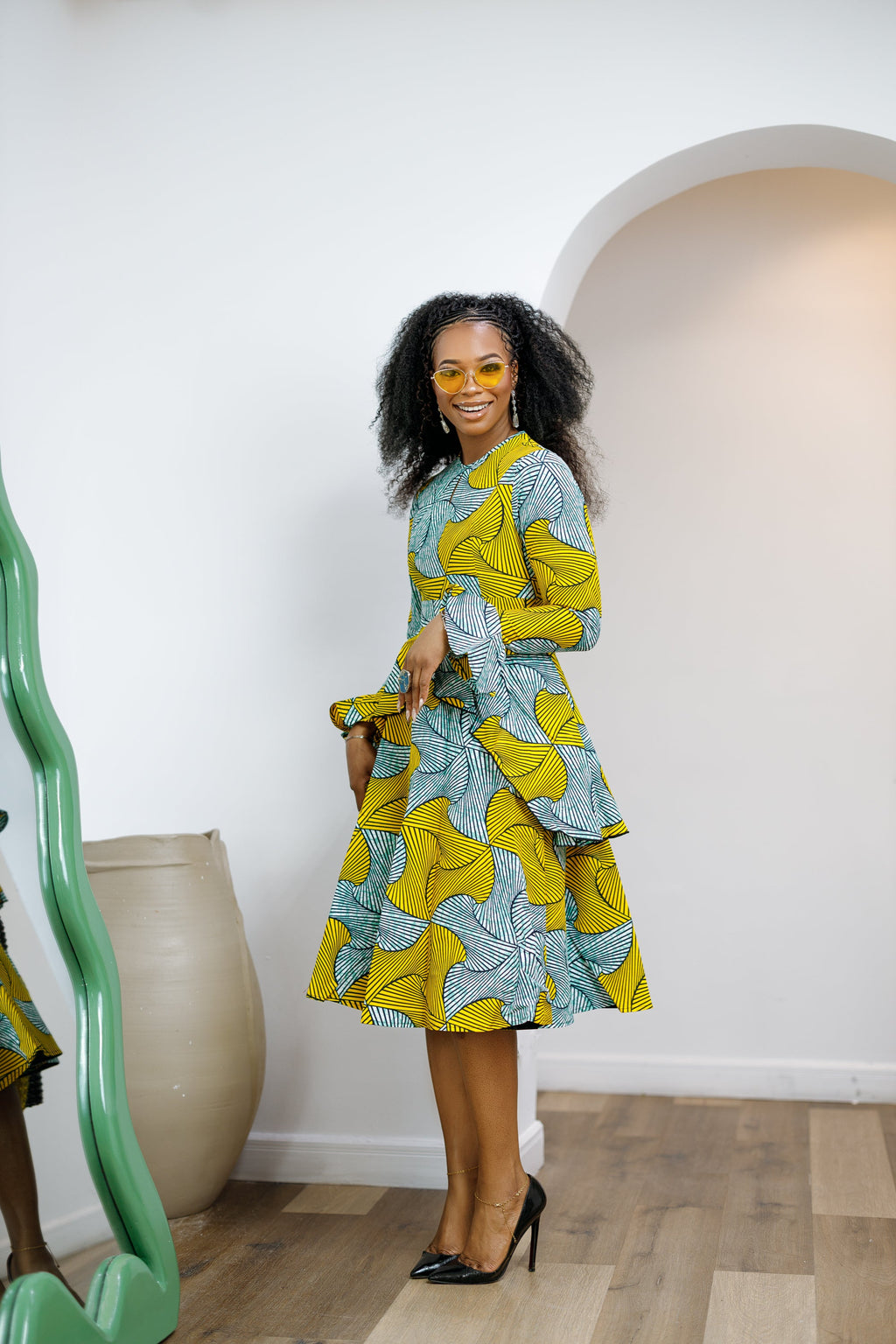 KOFI AFRICAN PRINT LAYERED FLARE MIDI DRESS [TEAL GREEN]----FINAL SALE