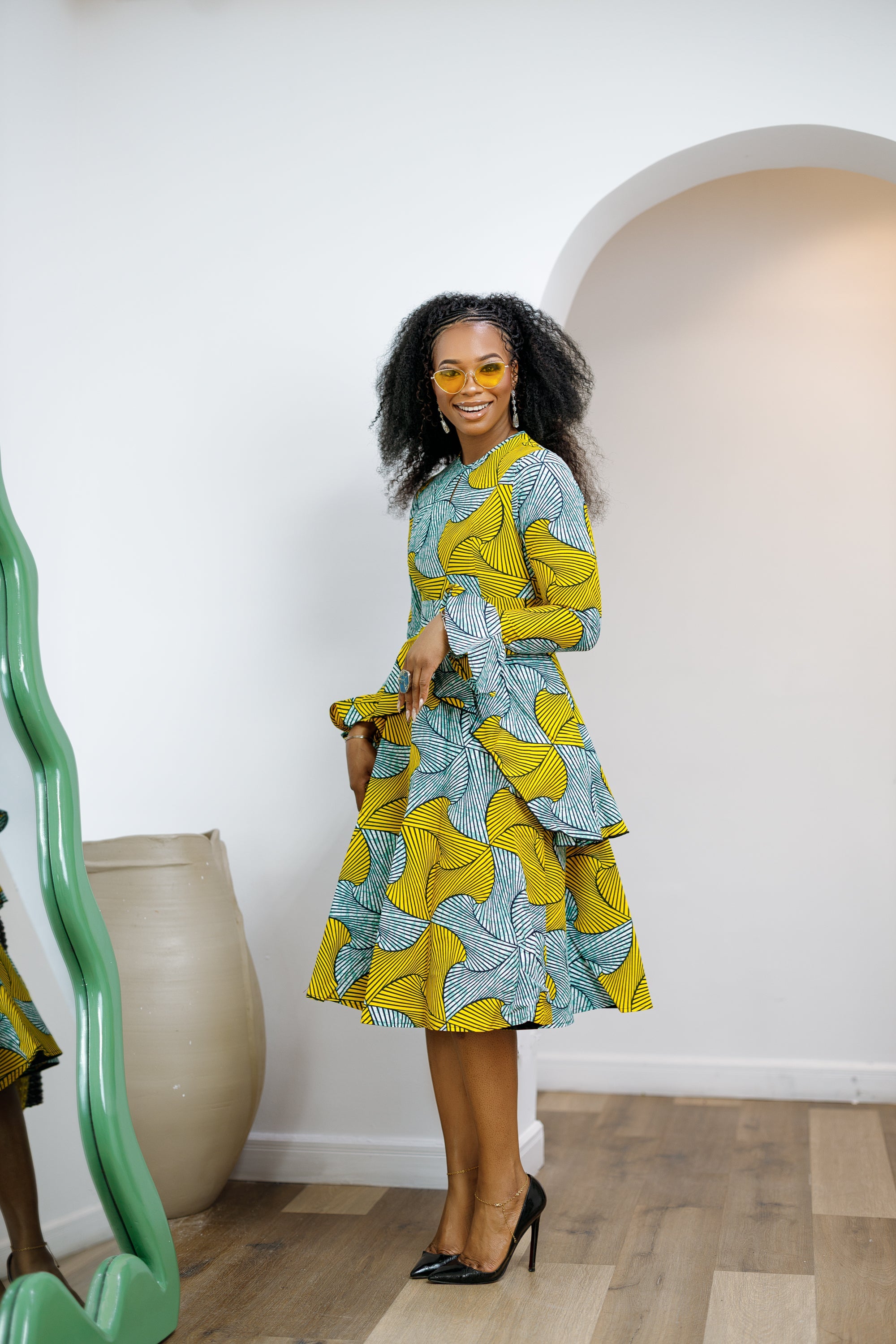 KOFI AFRICAN PRINT LAYERED FLARE MIDI DRESS [TEAL GREEN]----FINAL SALE