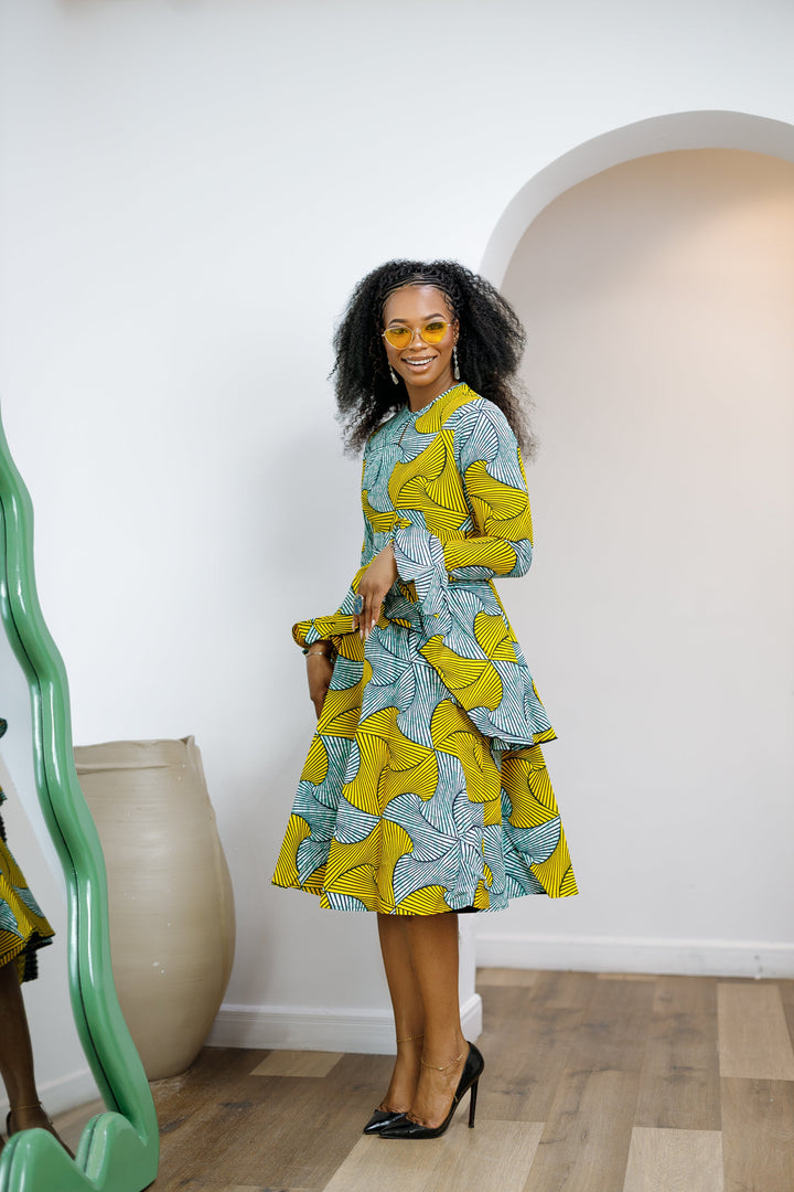 KOFI AFRICAN PRINT LAYERED FLARE MIDI DRESS [TEAL GREEN]----FINAL SALE