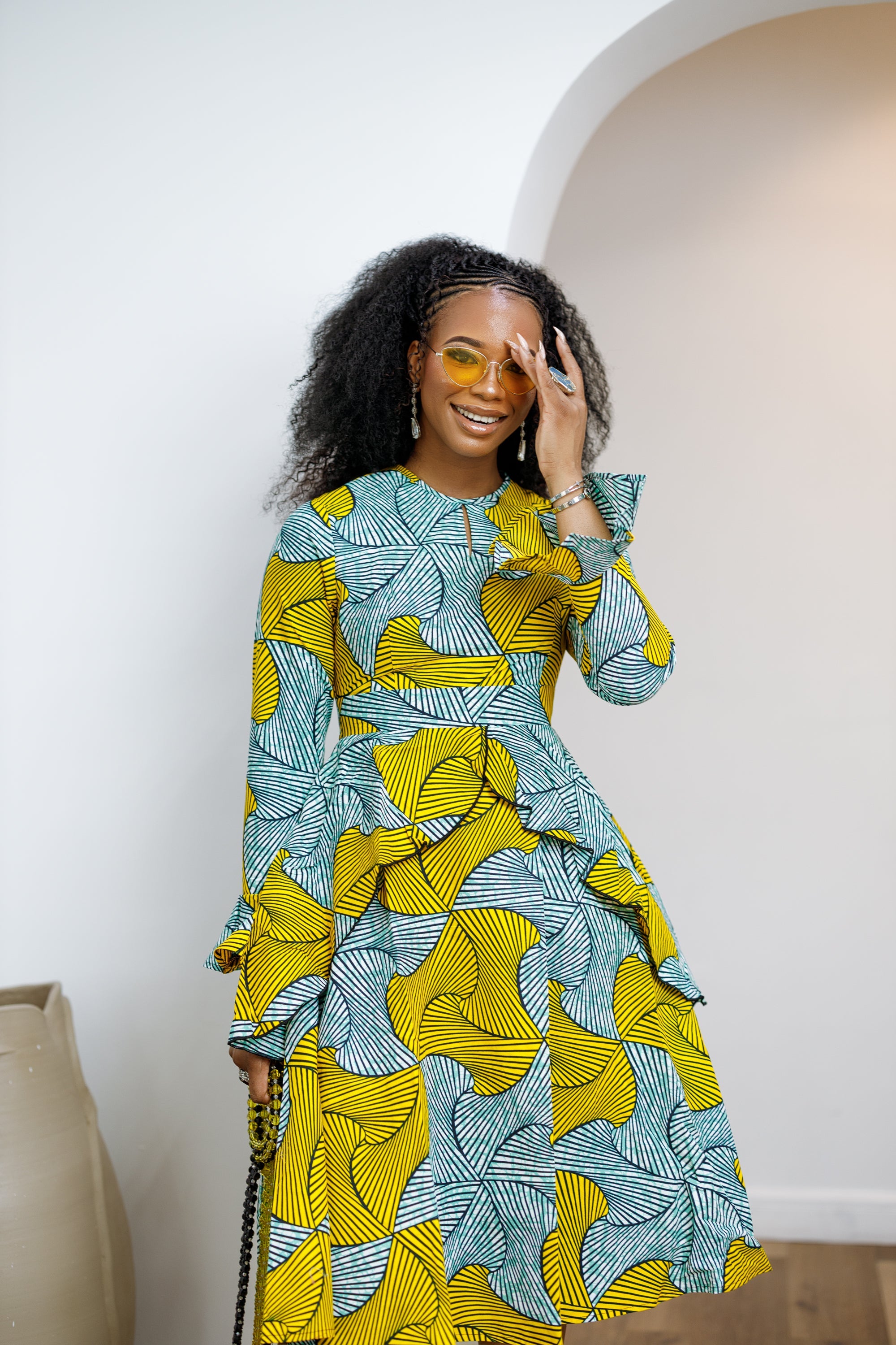 KOFI AFRICAN PRINT LAYERED FLARE MIDI DRESS [TEAL GREEN]----FINAL SALE