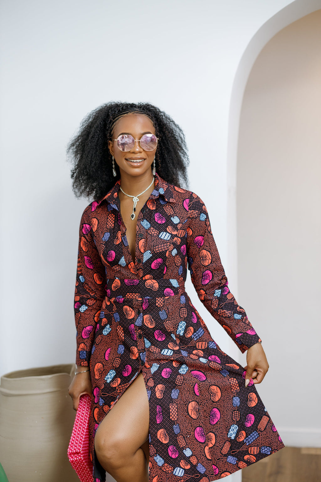 VERA AFRICAN PRINT FLARE SHIRT MIDI DRESS----FINAL SALE