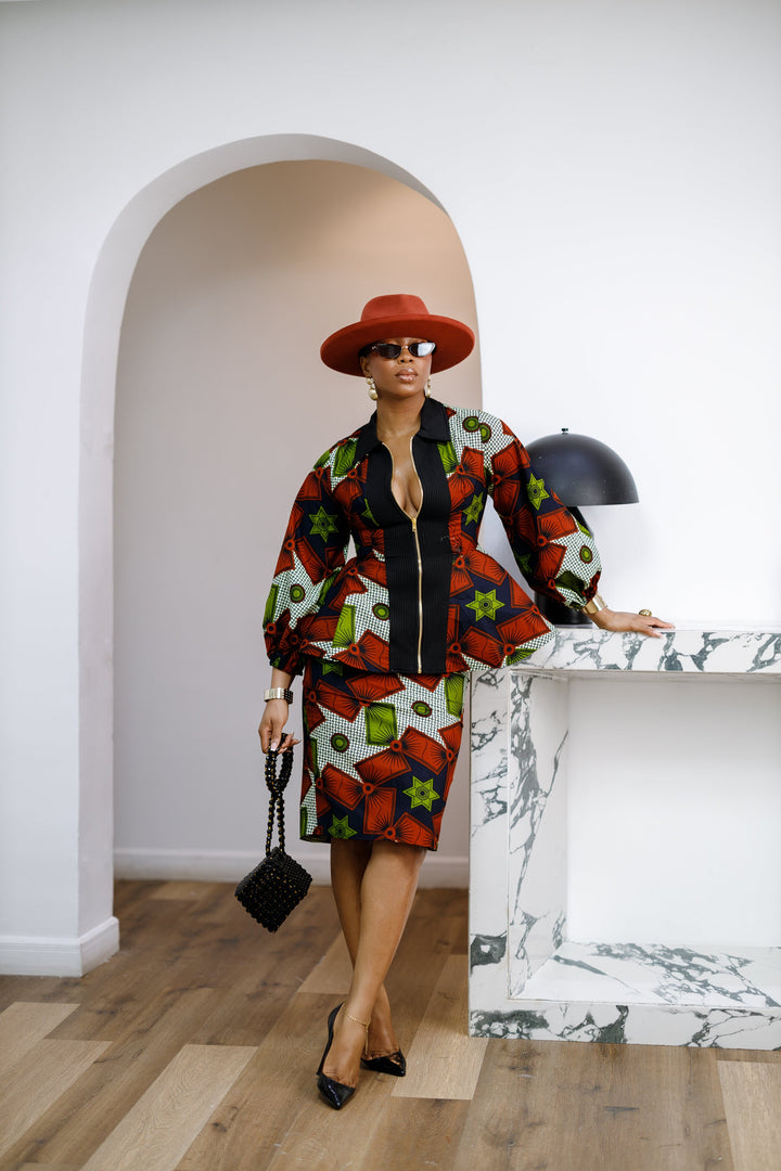 KANYIN AFRICAN PRINT ZIP-FRONT PEPLUM TOP AND SKIRT SET