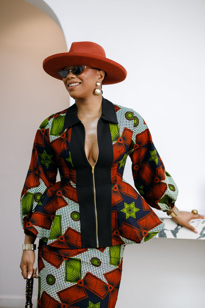 KANYIN AFRICAN PRINT ZIP-FRONT PEPLUM TOP AND SKIRT SET