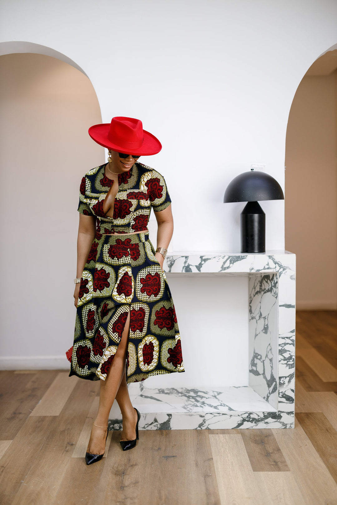 AMARA AFRICAN PRINT CROP TOP & MIDI SKIRT SET [RED]