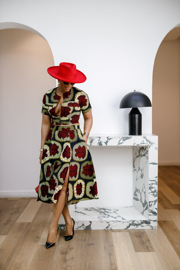 AMARA AFRICAN PRINT CROP TOP & MIDI SKIRT SET [RED]