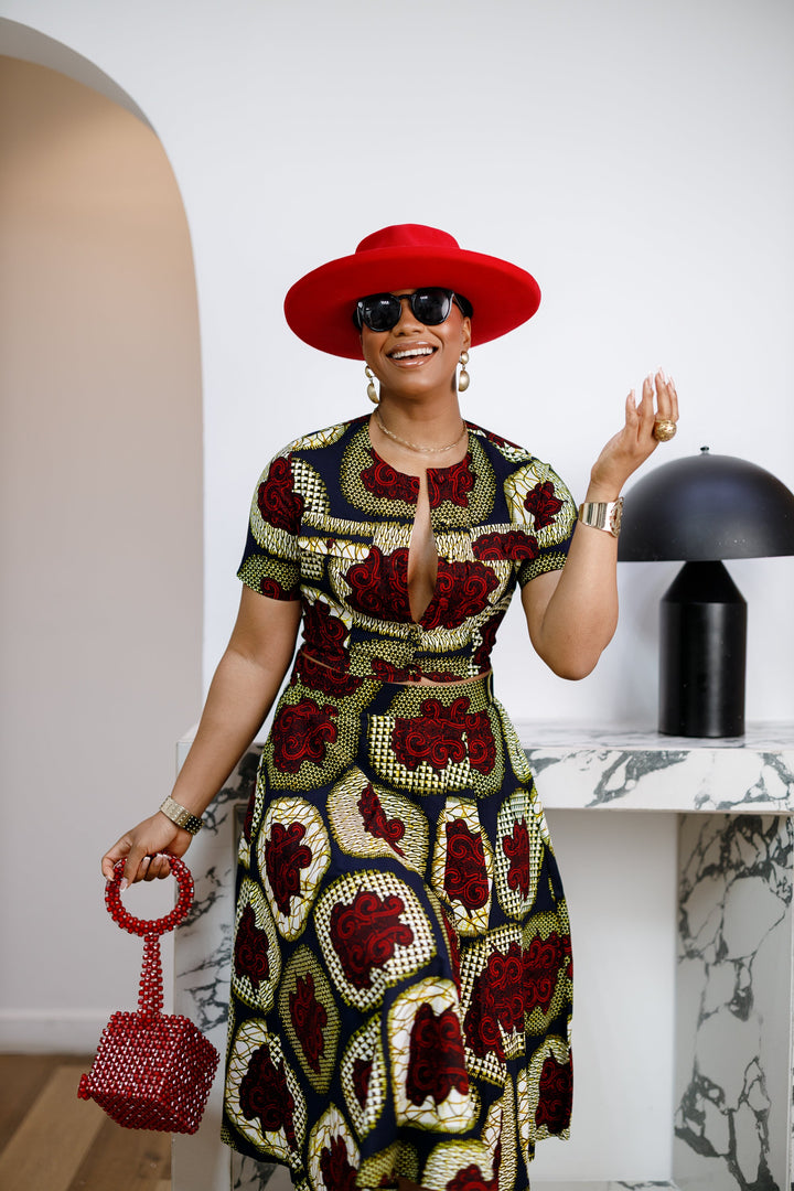 AMARA AFRICAN PRINT CROP TOP & MIDI SKIRT SET [RED]