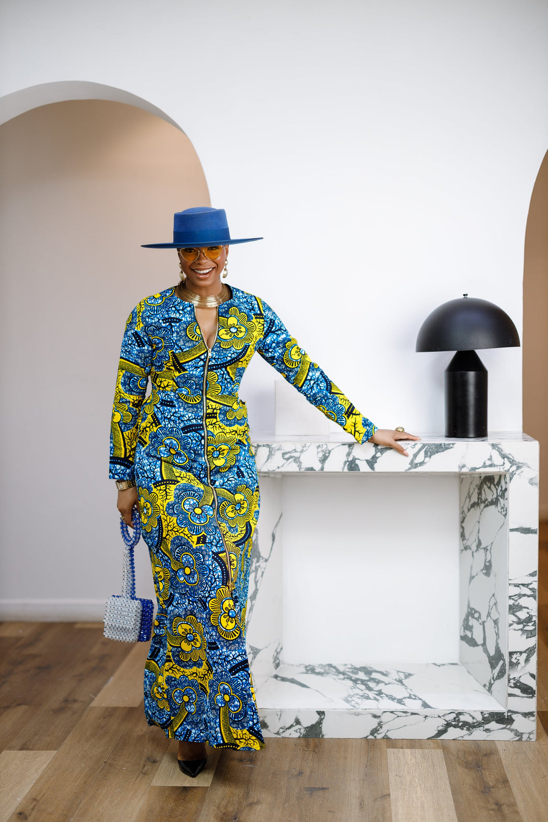 FARIDA AFRICAN PRINT LONG SLEEVE FRONT ZIP MAXI DRESS [MULTICOLOR]
