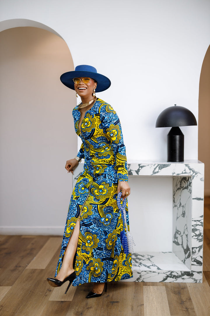 FARIDA AFRICAN PRINT LONG SLEEVE FRONT ZIP MAXI DRESS [MULTICOLOR]