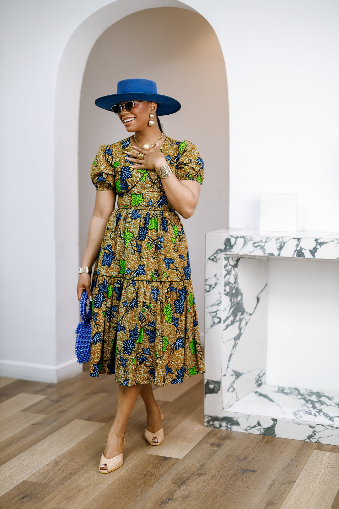 AYO AFRICAN PRINT PUFF-SLEEVE TIERED MIDI DRESS