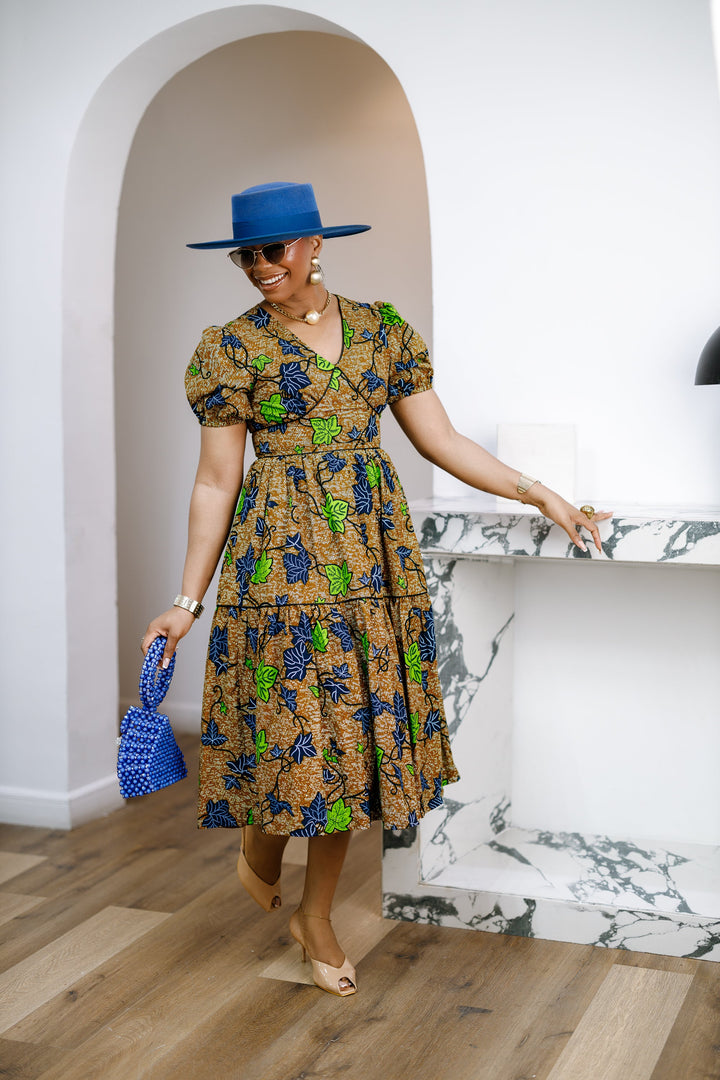 AYO AFRICAN PRINT PUFF-SLEEVE TIERED MIDI DRESS