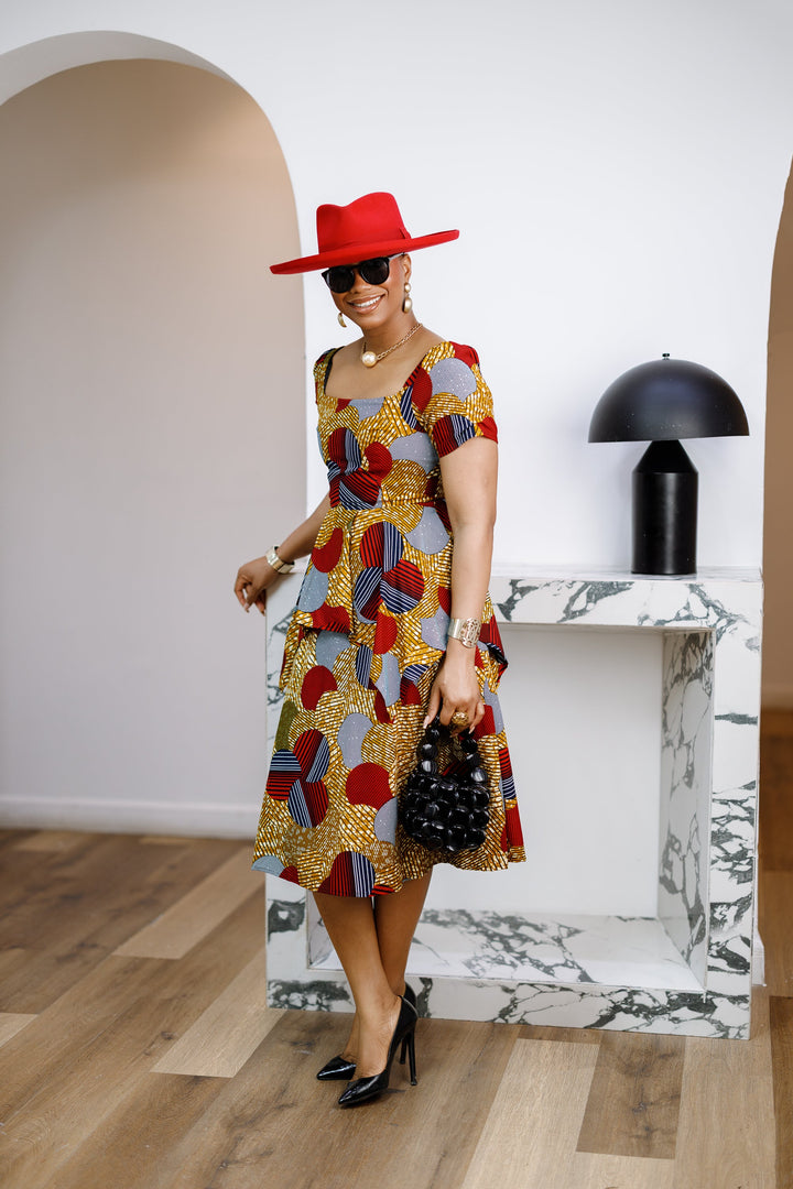 ADUKE AFRICAN PRINT PEPLUM MIDI DRESS [RED]