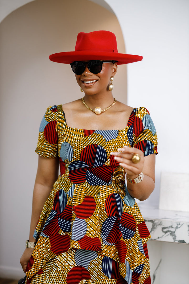 ADUKE AFRICAN PRINT PEPLUM MIDI DRESS [RED]