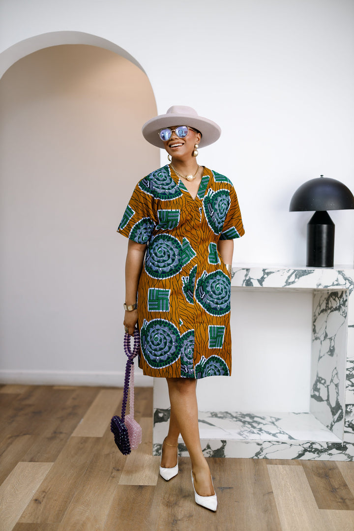 FIFI AFRICAN PRINT CINCHED-WAIST SHIFT DRESS [MULTICOLOR]