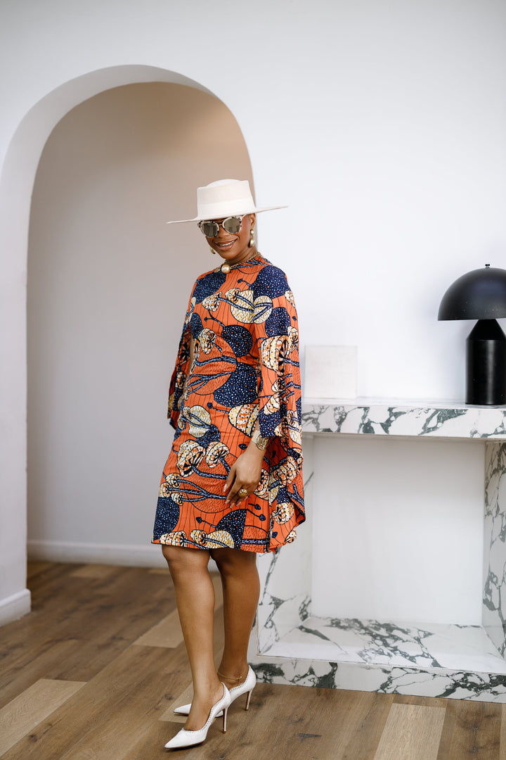 SADE AFRICAN PRINT CAPE SLEEVE MIDI DRESS