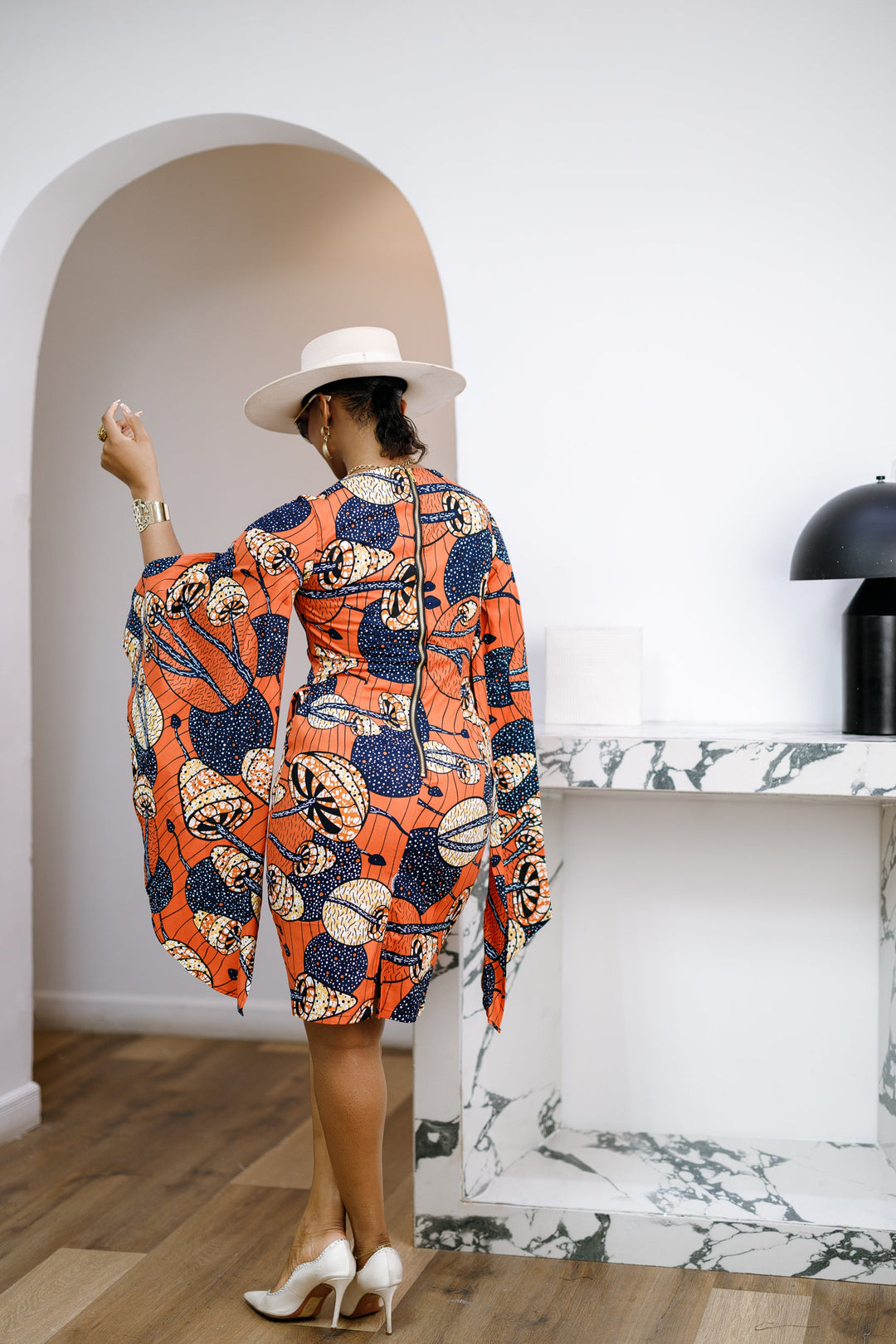 SADE AFRICAN PRINT CAPE SLEEVE MIDI DRESS