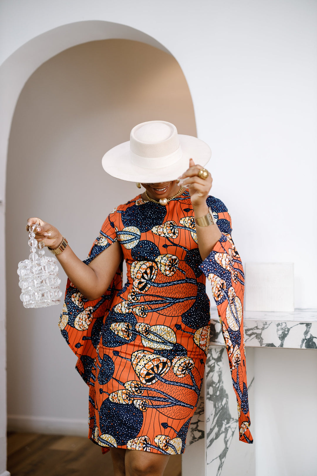 SADE AFRICAN PRINT CAPE SLEEVE MIDI DRESS
