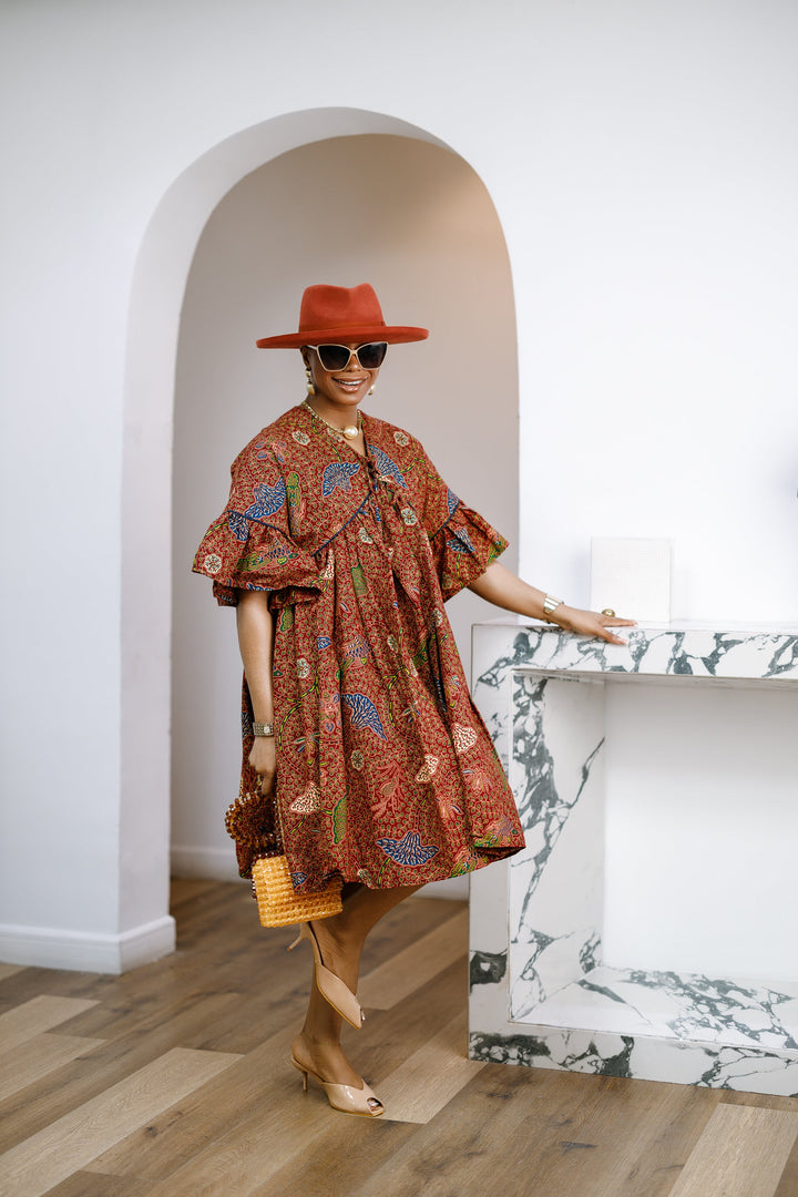 MILA AFRICAN PRINT FLOWY MIDI DRESS