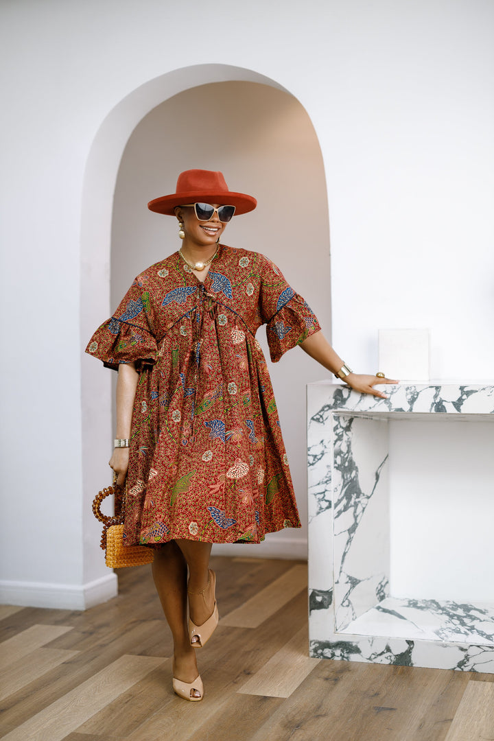 MILA AFRICAN PRINT FLOWY MIDI DRESS
