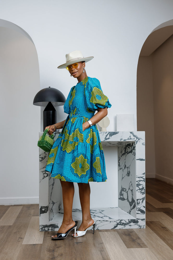 BUNMI AFRICAN PRINT MIDI DRESS [TEAL BLUE]