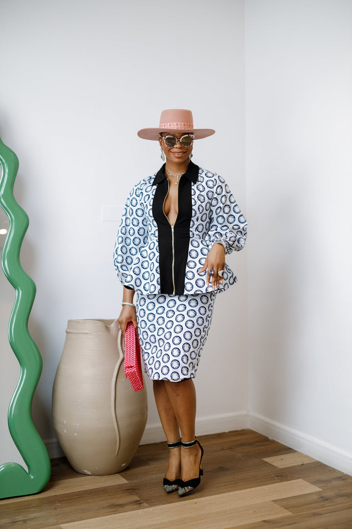 KANYIN AFRICAN PRINT ZIP-FRONT PEPLUM TOP AND SKIRT SET [WHITE]
