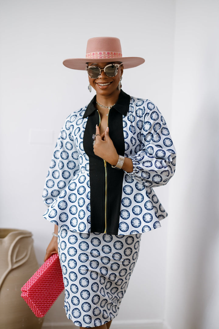 KANYIN AFRICAN PRINT ZIP-FRONT PEPLUM TOP AND SKIRT SET [WHITE]