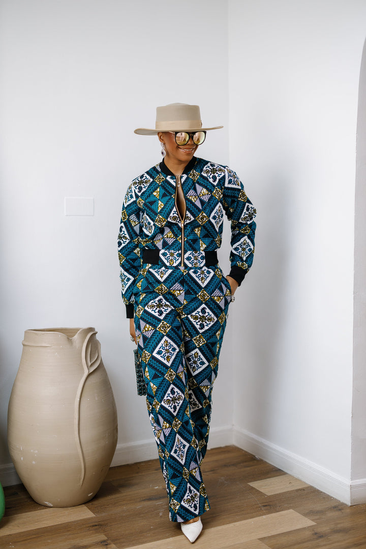 ADA AFRICAN PRINT BOMBER JACKET AND PANTS SET [BLUE]