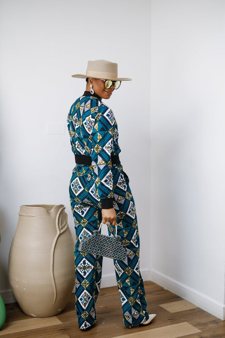 ADA AFRICAN PRINT BOMBER JACKET AND PANTS SET [BLUE]