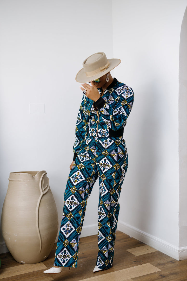 ADA AFRICAN PRINT BOMBER JACKET AND PANTS SET [BLUE]