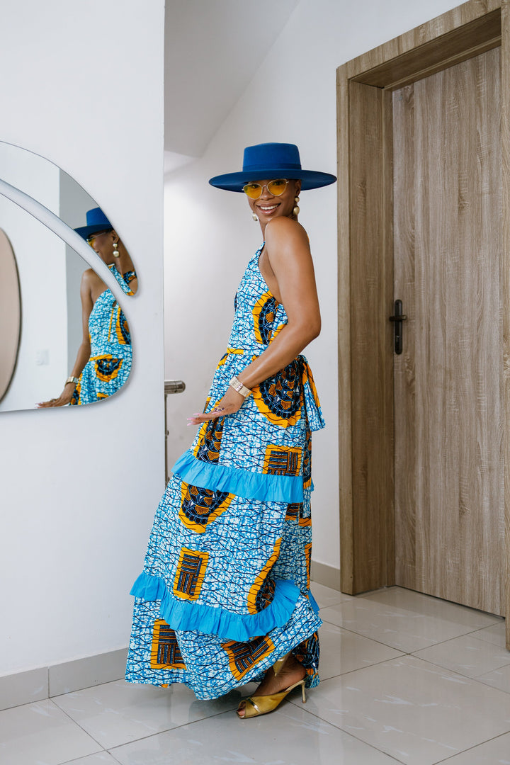 LABI AFRICAN PRINT CRISSCROSS TIERED MAXI DRESS [BLUE]----FINAL SALE