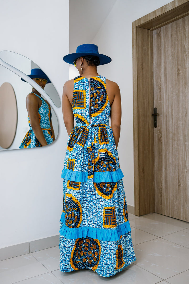 LABI AFRICAN PRINT CRISSCROSS TIERED MAXI DRESS [BLUE]----FINAL SALE