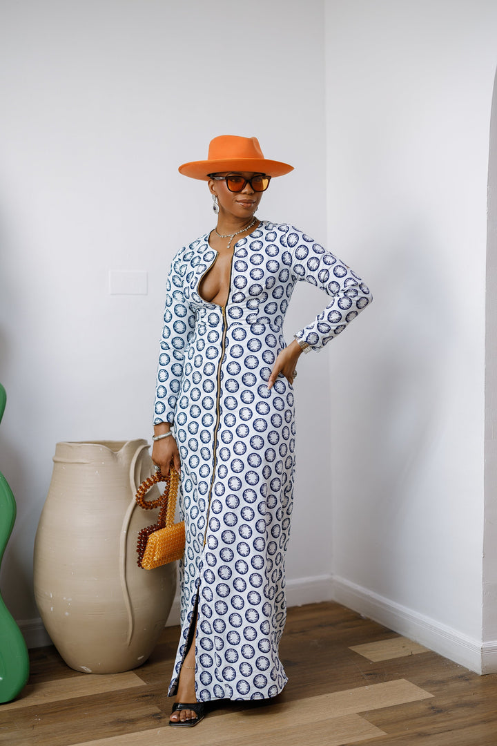 FARIDA AFRICAN PRINT LONG SLEEVE FRONT ZIP MAXI DRESS [WHITE]