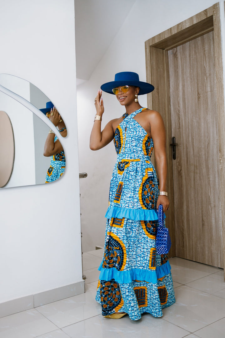 LABI AFRICAN PRINT CRISSCROSS TIERED MAXI DRESS [BLUE]----FINAL SALE