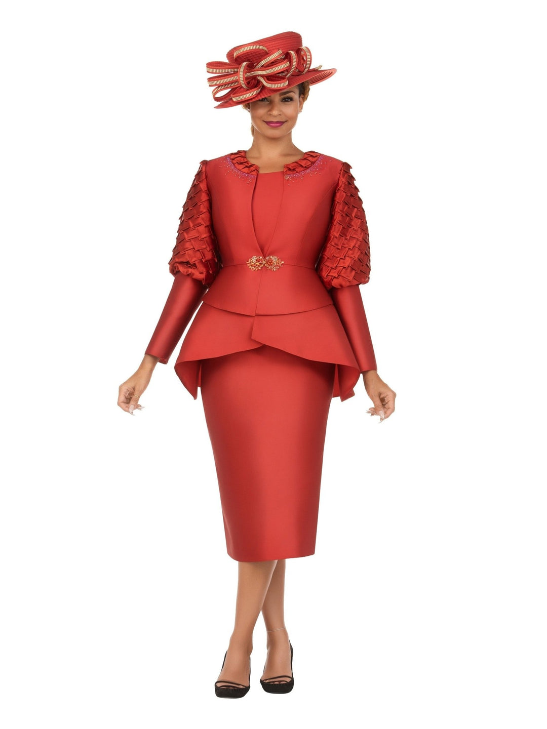 3pc Suit w/ Puff Slv&Sculpted Peplum Jkt-Plus - Krown Elle