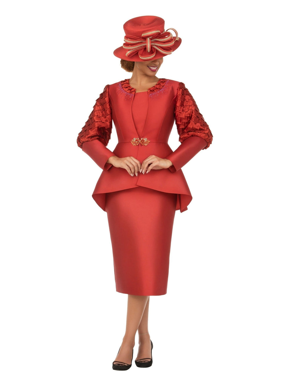 3pc Suit w/ Puff Slv&Sculpted Peplum Jkt-Plus - Krown Elle
