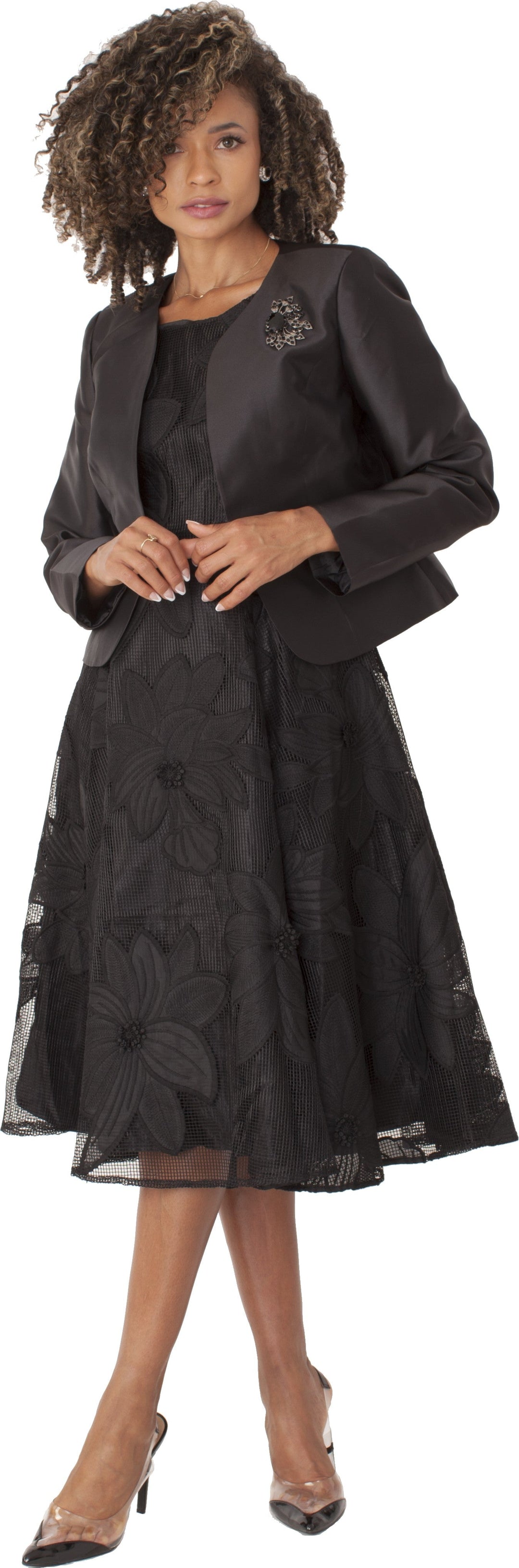 Plus Size Elegant 2-Piece Church Dress with Floral Lace and Jewel Brooch- 4806W